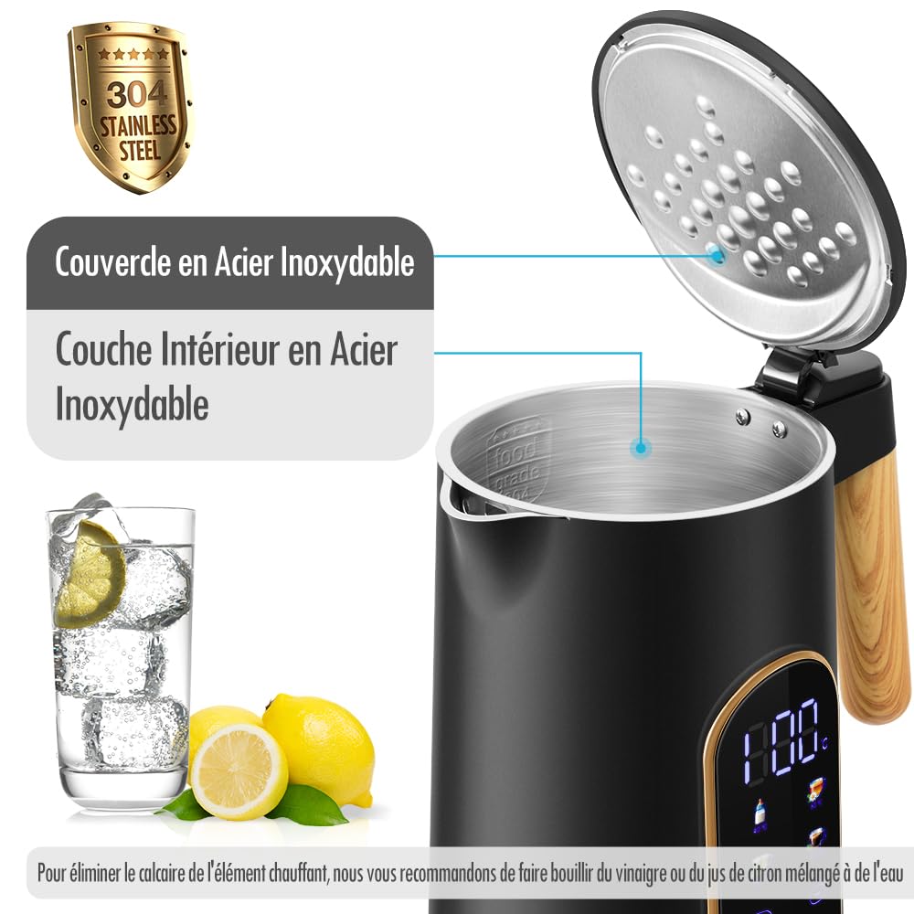 ForMe Bouilloire Electrique Inox 1,7L Contrôle de Température Réglable 40-100°C LED Affichage Maintien au Chaud