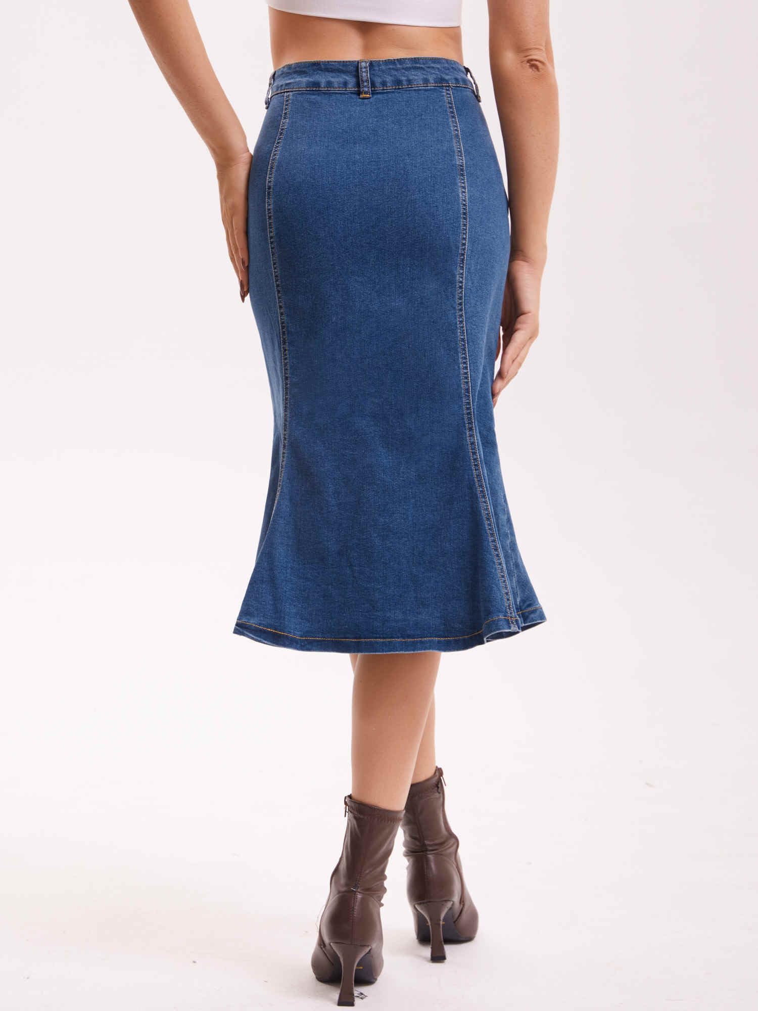 Damen Midi Jeansrock mit Fischschwanzsaum