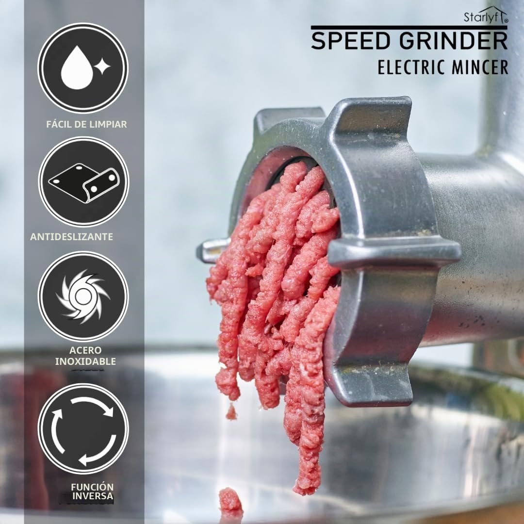 STARLYF Speed Grinder – Picadora de Carne Eléctrica, Disco Acero inoxidable, Potente, Carne Picada, Hamburguesas, Albóndigas, Salchichas o Kibbeh - Servicio Post Venta -