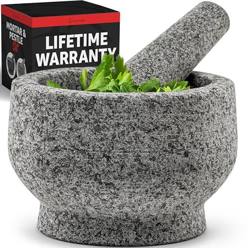 PriorityChef Mortar and Pestle Set, Heavy Duty Natural Granite, Make Fresh Guacamole at Home, Solid Stone Grinder Bowl, Herb Crusher, Spice Grinder, 1.5 Cup Size, Unpolished Grey