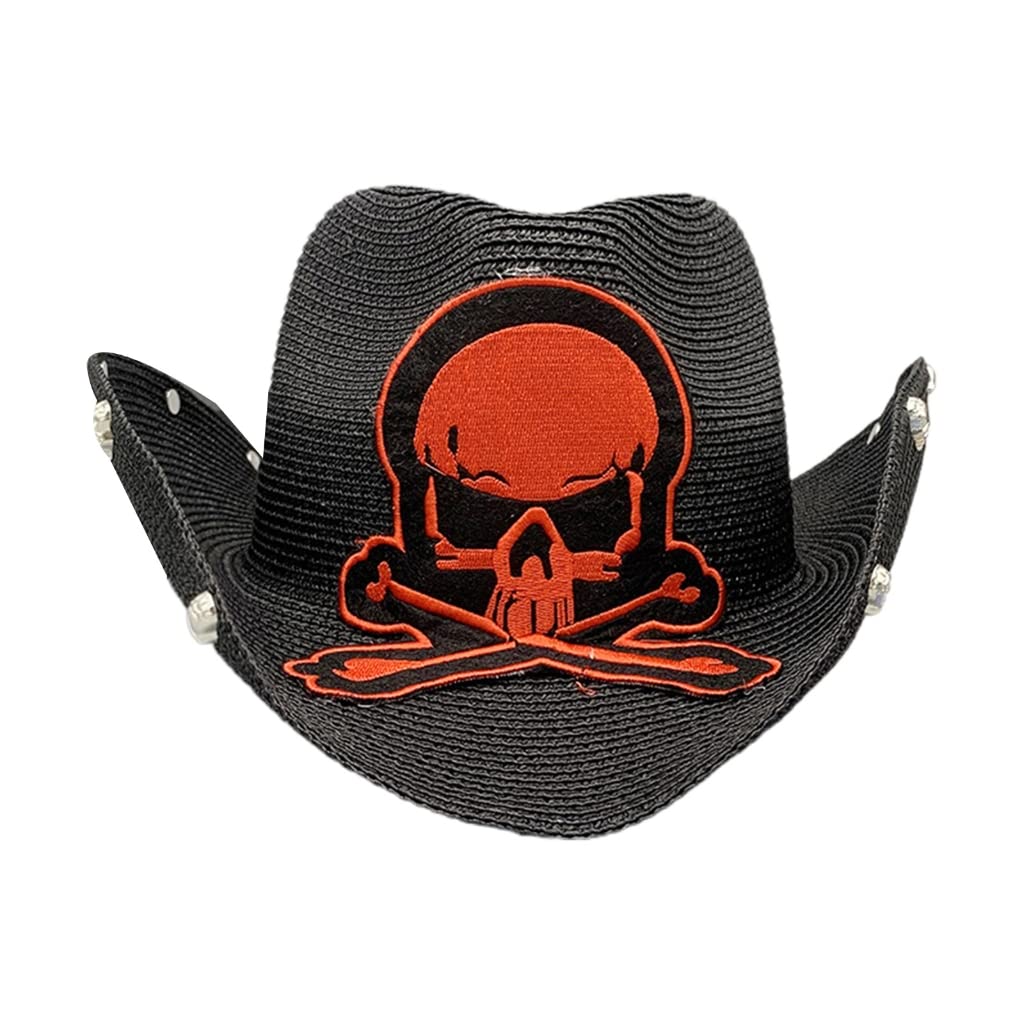 XITEA Vintage Straw Weaving Hat with Embroidery Skull for Men Breathable Cowboy Hat Red