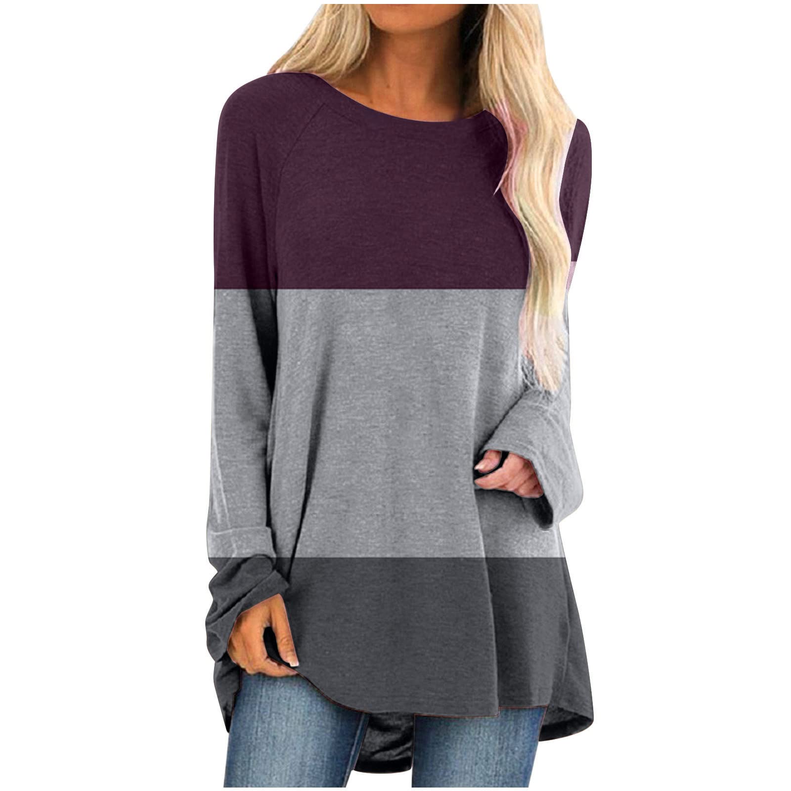TURWXGSO Ladies Shirts Promotion New Crew Neck Tops Long Sleeve Printed Longline Tops Realxed Fit T-Shirts Fashion Casual Color Block Pullover Sweatshirts Undershirts Loungewear Christmas Jumper — image 1