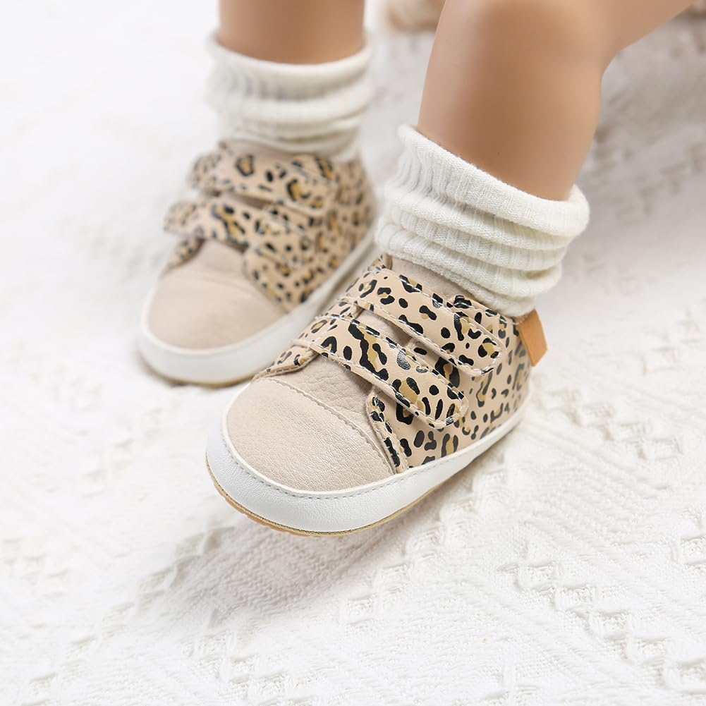 BEIDI Baby Girls Boys Shoes Soft Anti-Slip Sole Newborn First Walkers Star High Top Canvas Denim Unisex Infant Sneaker?F-Leopard,6-12 Months?