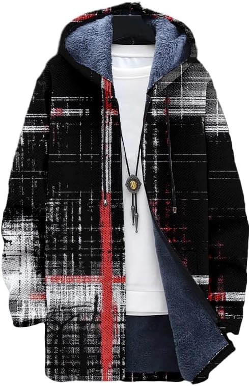 DMOYALA Oversized Plaid Coat for Men Zip Up Hoodie Sherpa Lined Fleece Jacket Soft Warm Winter Coat with Hood and Pockets