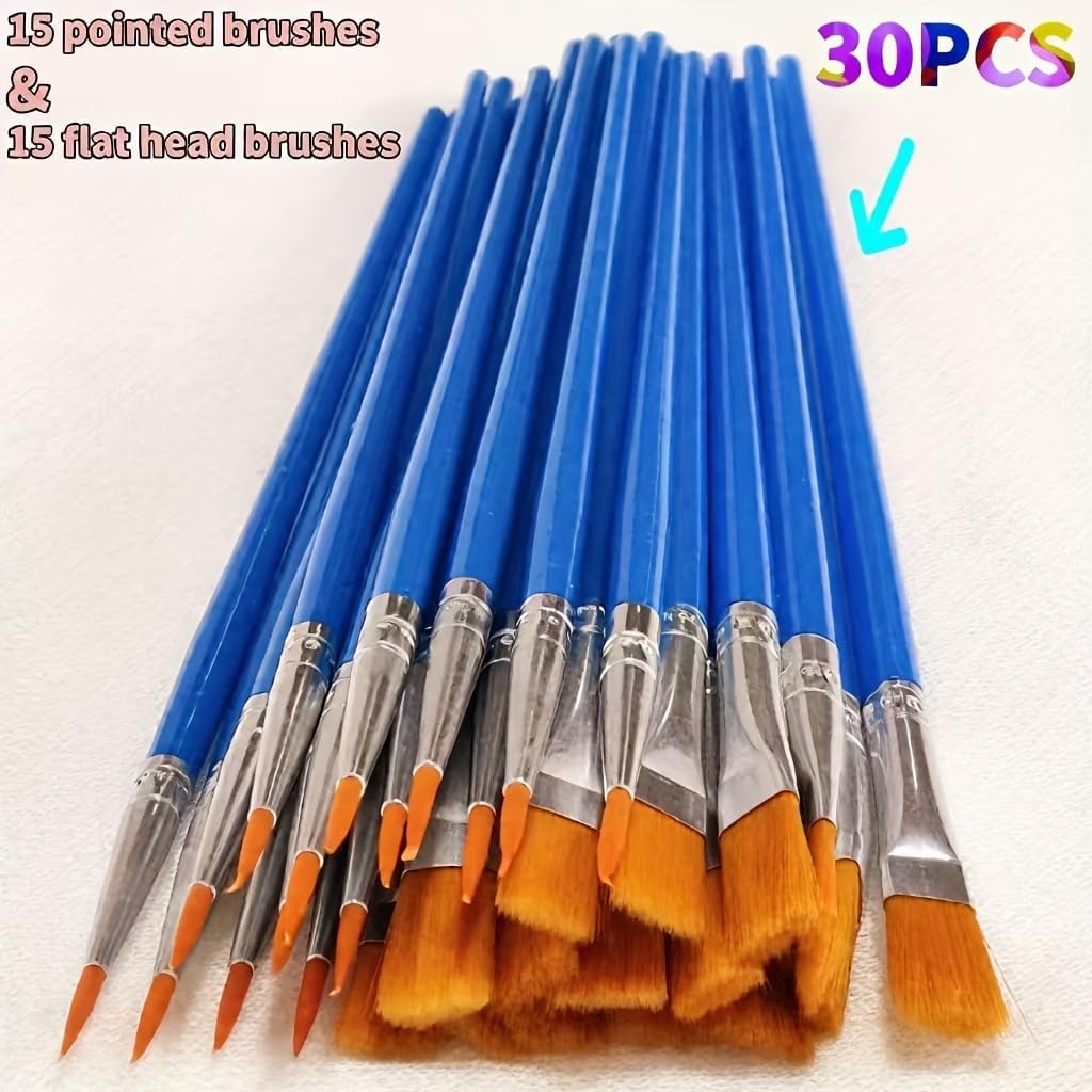 30PCS Detail Paint Brush Set, 15 Pointed & 15 Flat Nylon Brushes for Watercolor, Acrylic & Oil Painting, Miniature, Model, Nail Art & DIY Craft (Bule 30pcs)
