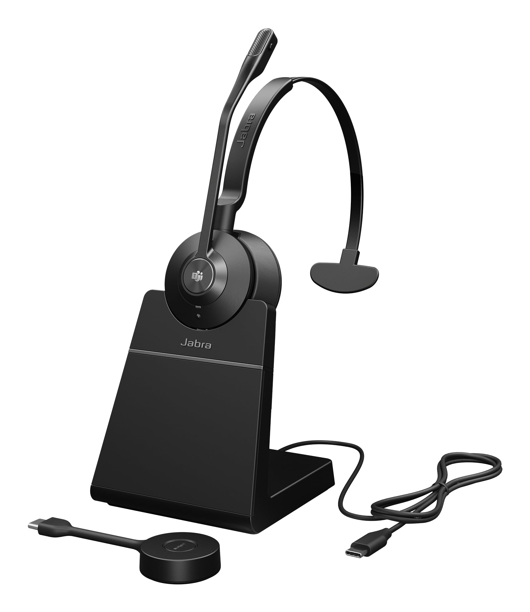 Casque mono Engage 55 SE MS, adaptateur DECT Link 400c USB-C, support de bureau Engage 55 SE, câble USB-C vers USB-C de 1,2 m, étui de transport, garantie et avertissement (brochures de sécurité)