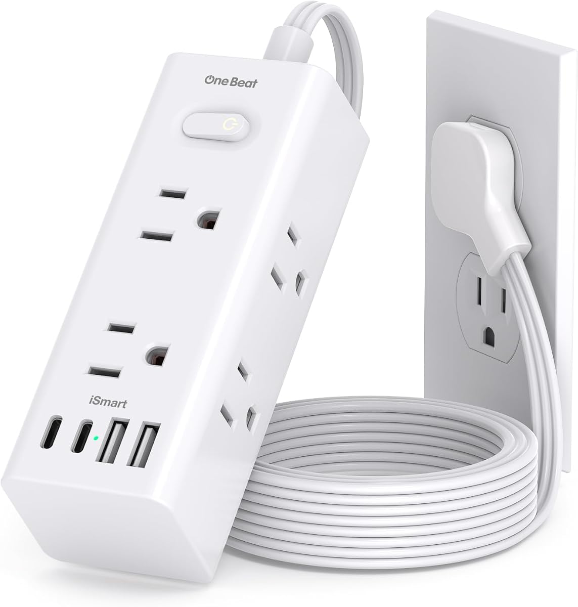 Cable de extensión de 5 pies con múltiples salidas, protector contra sobretensiones de enchufe plano con cable de 5 pies de largo, 6 salidas, 4 puertos USB (2 USB C), enchufe de pared con múltiples salidas para viajes, universidad, dormitorio esencial