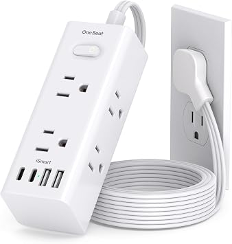 5Ft Extension Cord with Multiple Outlets, Flat Plug Power Strip Surge Protector with 5 Ft Long Cord, 6 Outlet 4 USB Ports 2 USB C, Multi Outlet Wall Plug for Travel, College, Dorm Room Essentials