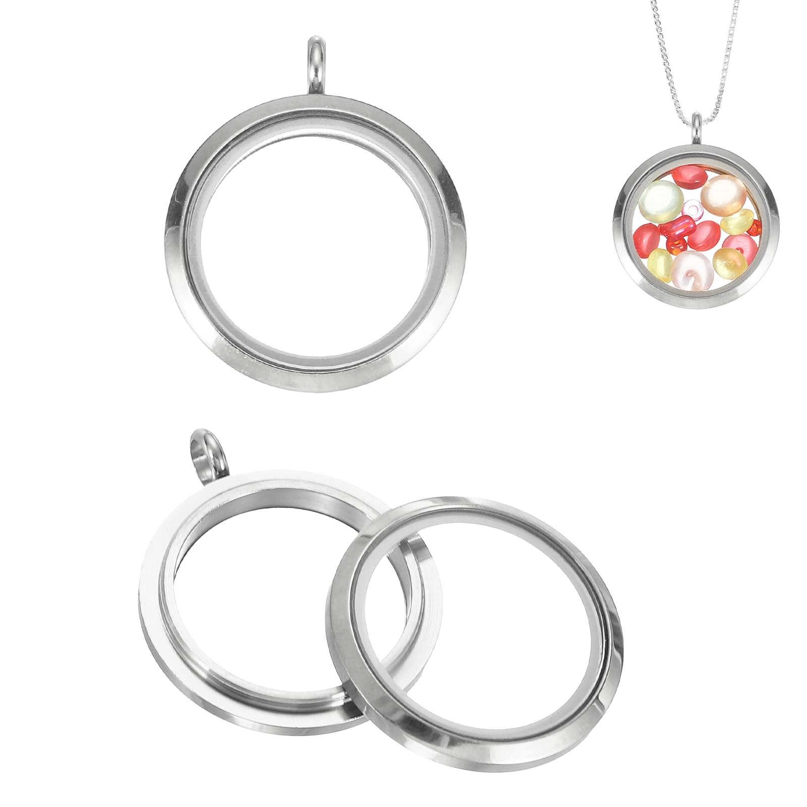 sourcing map 2 Pcs Living Memory Locket Charm, 12.7mm Round Floating Locket Pendants Stainless Steel Clear Glass Photo Charm for Women Necklace DIY Crafts Making Decoration, Silver