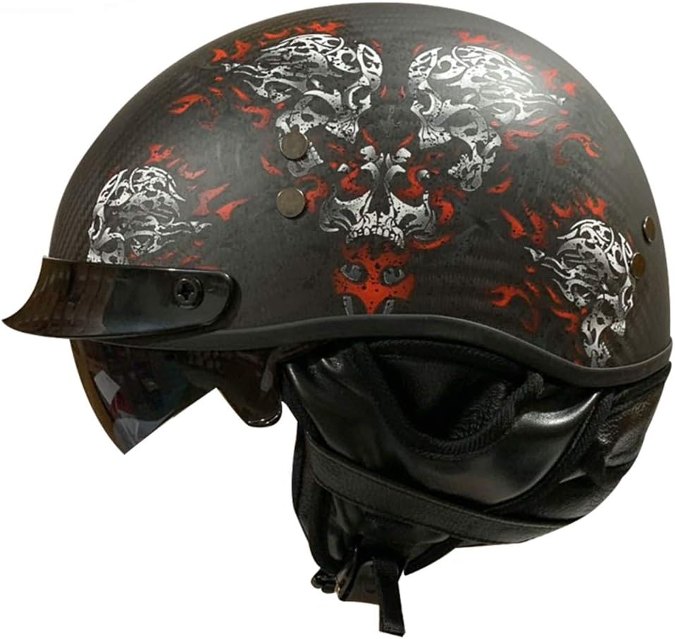 半帽ヘルメット ハーフ カーボンヘルメット バイク 原付 ヘルメット メンズ レディース Helmet Uvカット 通気 吸汗 日焼け止め オールシーズン 内装 洗濯可 男女兼用 おしゃれ Xl 頭囲 59 60cm マットブラック どくろ7