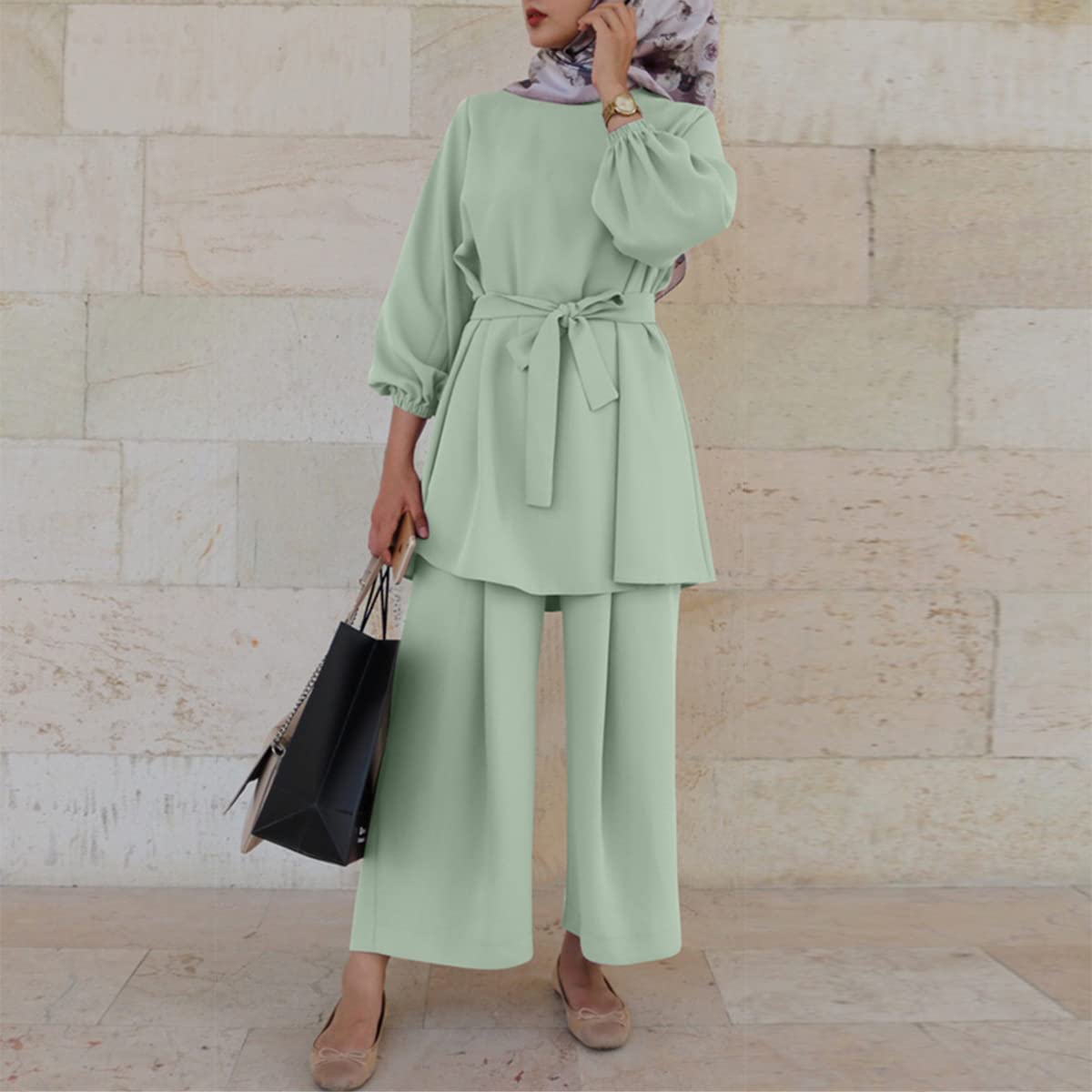 Ropa de oración de Las Mujeres Musulmanas de Manga Larga Top + Pantalones de Dos Piezas Traje de Ramadán de Manga Larga Suelta de Dos Piezas Traje árabe