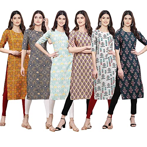 Image of Pinkmint Women's Crepe Digital Print Straight Kurta [Pack of 6] (CKE-329-353-330-333-341-343)