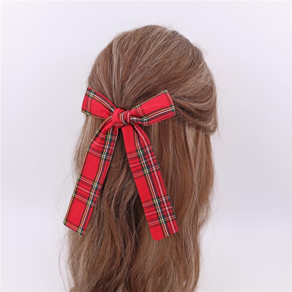 Set of 6 Tartan Bow Hair Clips for Baby Girl and Mom Women Plaid Headbands Scrunchies Scottish Hair Bows for School Girls (6 pcs Tartan Red) - Image 2