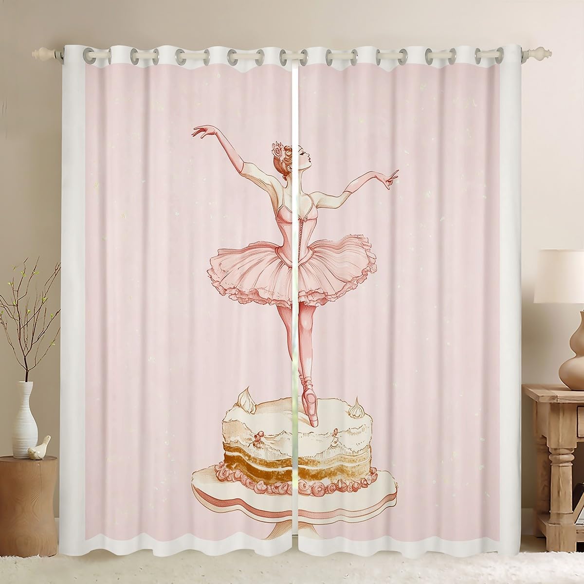 Ballet Girls Window Curtain,Cartoon Cake Pattern Curtains for Kids Girls Boys Teens Room Decor,Pink Sweet Dessert Window Treatment Curtain Romantic Lovely Soft Window Drapes,2 Panels,38Wx45L