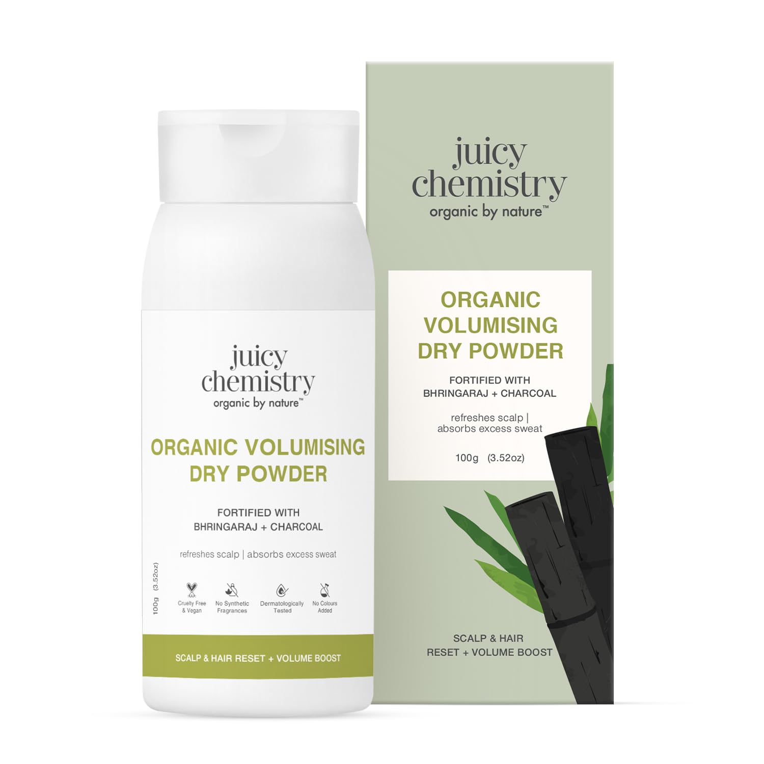 Juicy Chemistry Organic Volumising Dry Powder Fortified with Bhringaraj & Charcoal, 100 g | Natural Hair Thickening | Oil Absorbing Powder-image-36