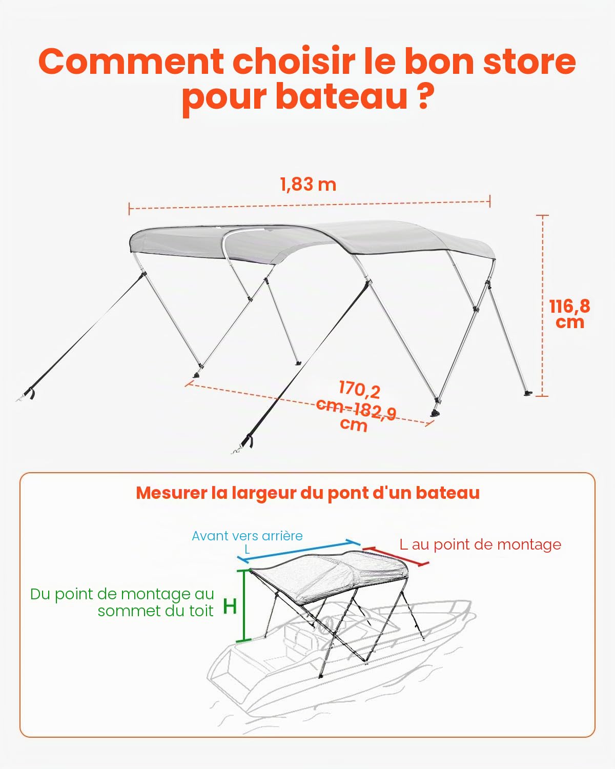 VEVOR Bimini pour Bateau à 3 arceaux, 182 x 117 x 170-182 cm, taud de Soleil avec Cadre en Alliage d'aluminium, Toile en Polyester 600D, Sac de Rangement, 2 poteaux de Support, 4 Sangles, Gris Clair