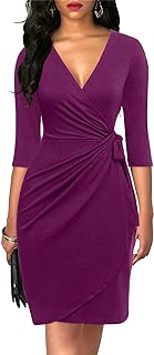 Women's Classic 3/4 Sleeve V Neck Sheath Casual Party Work Faux Black Wrap Dress - Buy now