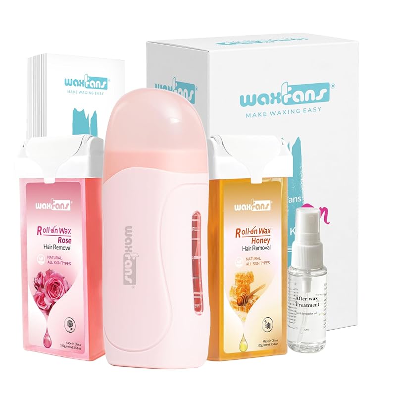 Kit de depilação com cera roll-on waxfans, com aquecedor, 2 refis, spray pós-depilação e 50 folhas (Pink)
