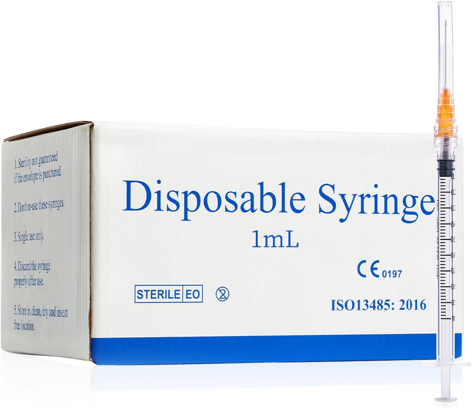 Disposable Syringe 1ml 25Gauge 25mm 1Inch Needle, Individually Wrapped, Pack of 100