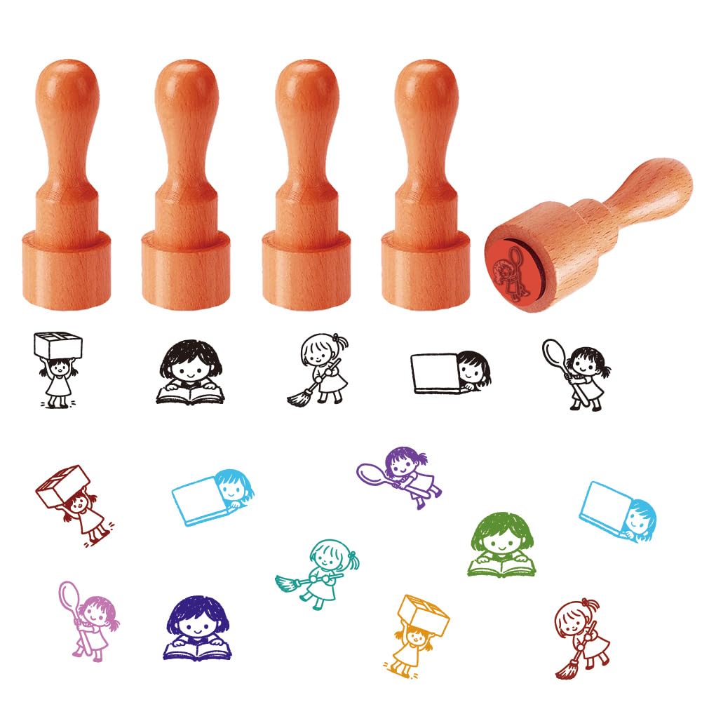 AHANDMAKER 5 Styles Cute Girl Wooden Rubber Stamp, Daily Life Patterns Round Rubber Character Stamp for DIY Making Scrapbooking Card Stamping Pottery Clay Crafting