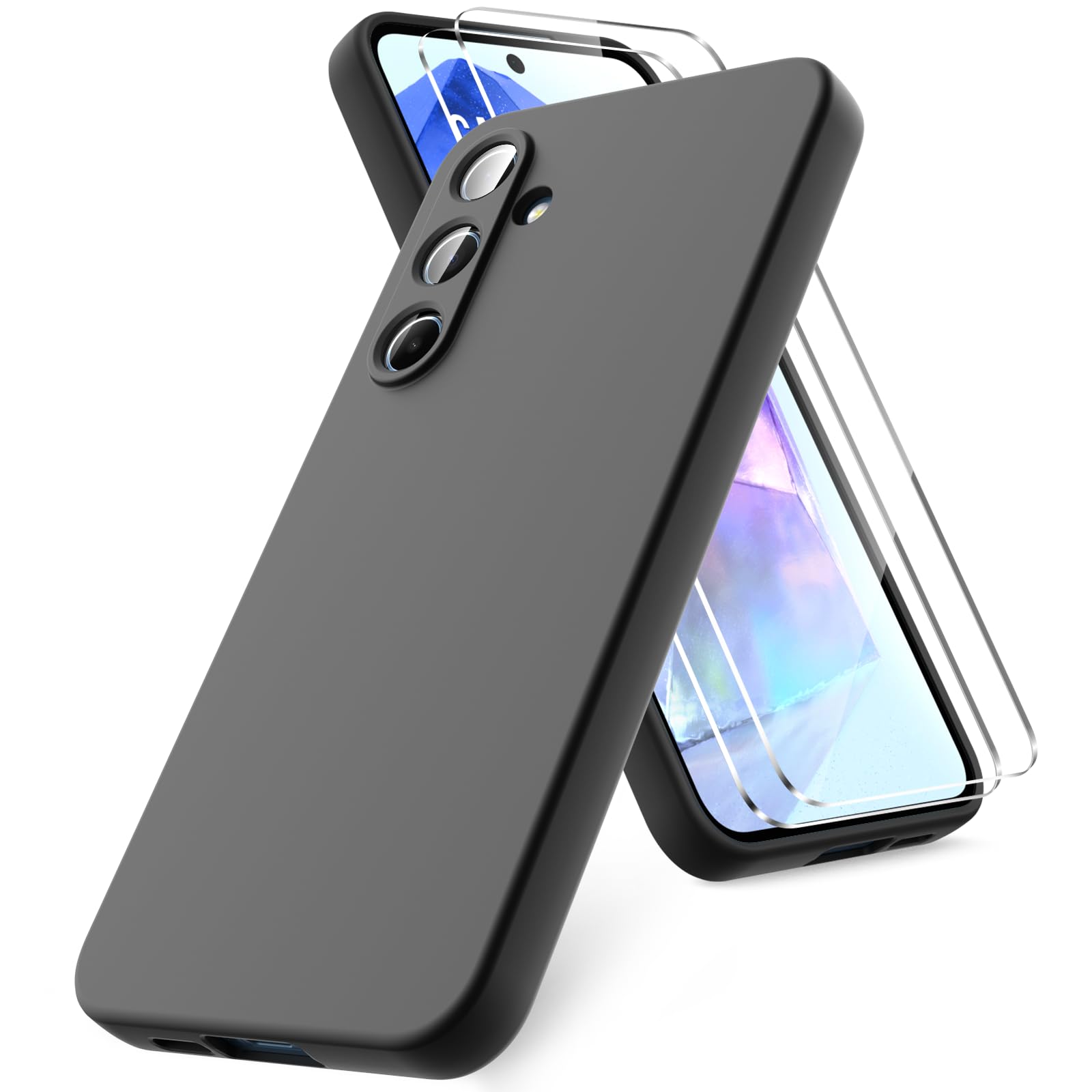 Vansdon Cover Compatibile con Samsung Galaxy A55 5G, 2 Pellicola Protettiva in Vetro Temperato, Gomma Gel di Silicone Liquida Antiurto Custodia - Nero
