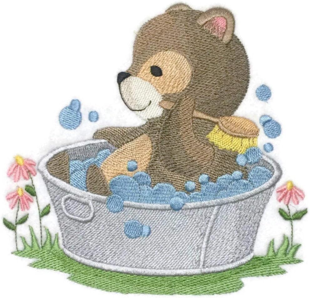 Nature Weaved in Threads, Amazing Baby Animal Kingdom [ Woodland Bath Time - Bear] [Custom and Unique] Embroidered Iron on/Sew Patch [5.86." *5.68"] [Made in USA]