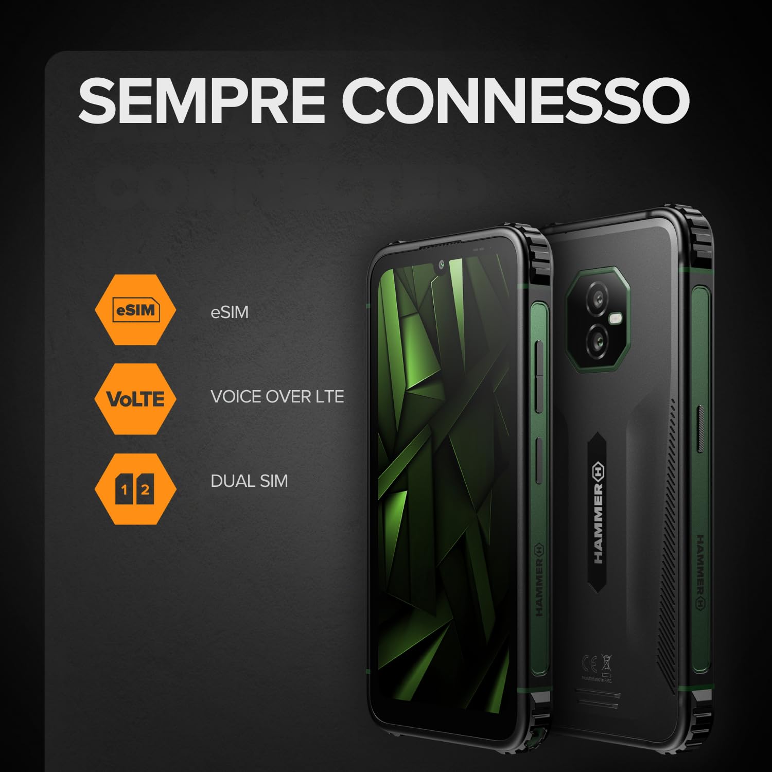 Hammer H Ranger Outdoor Cellulare, Smartphone, 4G LTE, 6/128 GB, 5000 mAh, Display da 6 pollici, 50 MP, Ultrawide, IP69, Gorilla Glass 5, NFC, Biometria, Jack da 3,5 mm, Dual SIM, eSIM