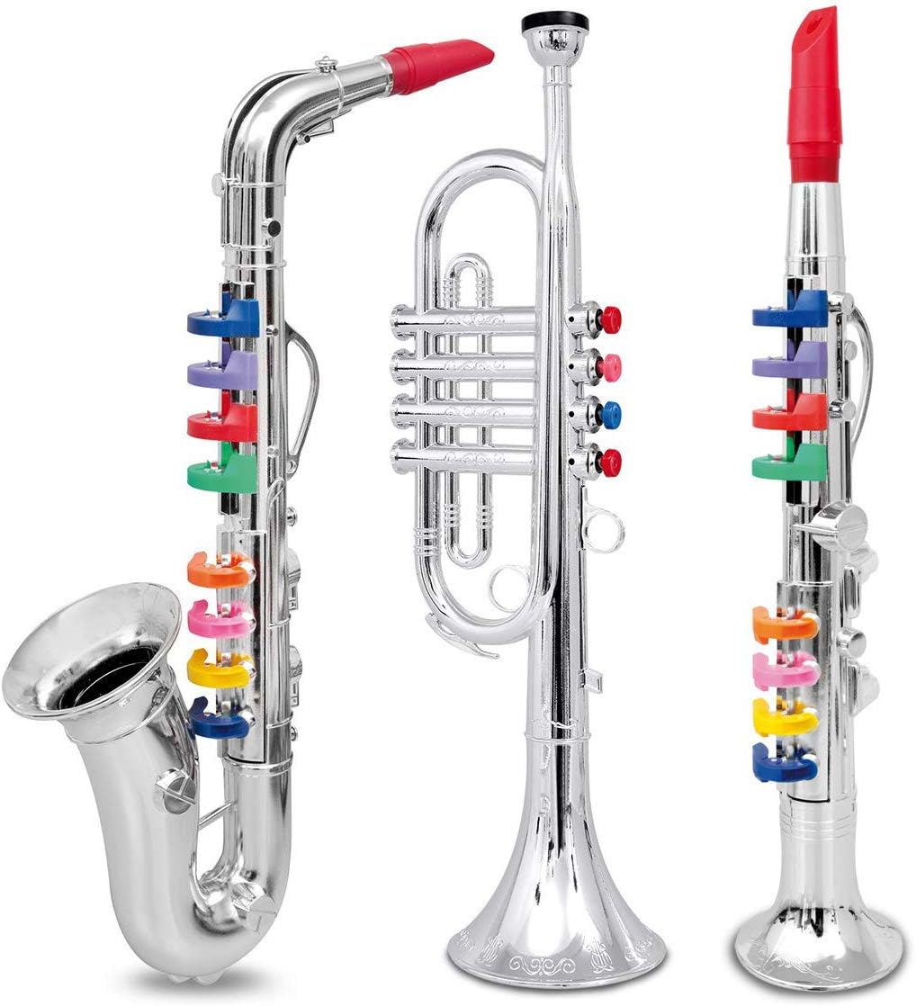 Click N' Play Set of 3 Musical Instruments for Kids Trumpet Saxophone and Clarinet with Keys – Metallic Silver