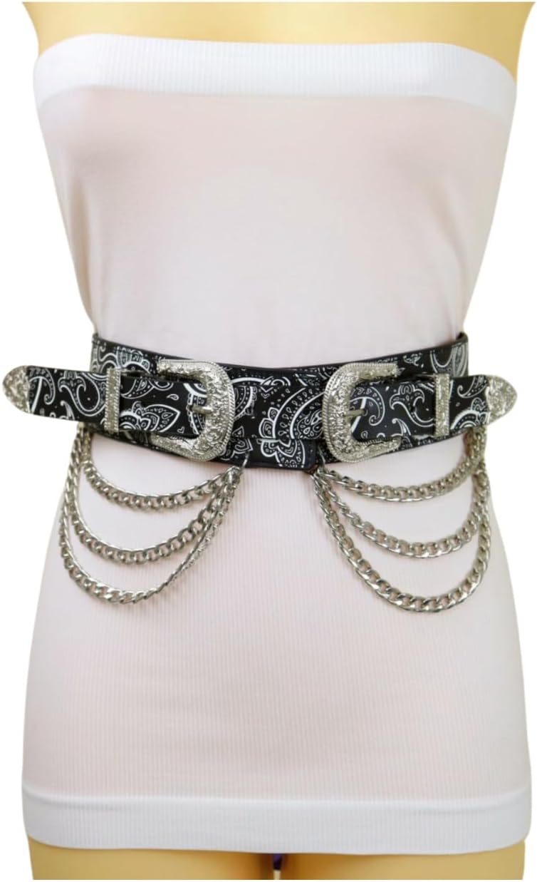 Women Western Fashion Wide Paisley Belt Black Faux Leather Silver Double Buckles Chain S Mz219 - Image 8