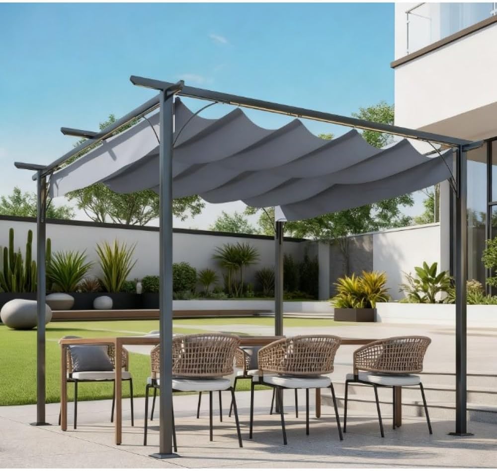 Metal Patio Shade Shelter with Retractable Canopy for Backyard and Garden Use