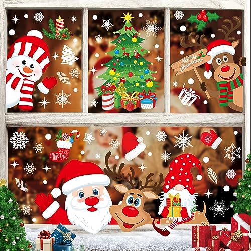 Stickers Noel, Decoration Noel Fenêtre Autocollant Noël Reutilisable,Double Face Amovibles DIY Fenêtres Stickers, Nains Renne Père Noël Bonhomme de Neige PVC Stickers,10 Feuilles,267Pcs,20 * 30cm