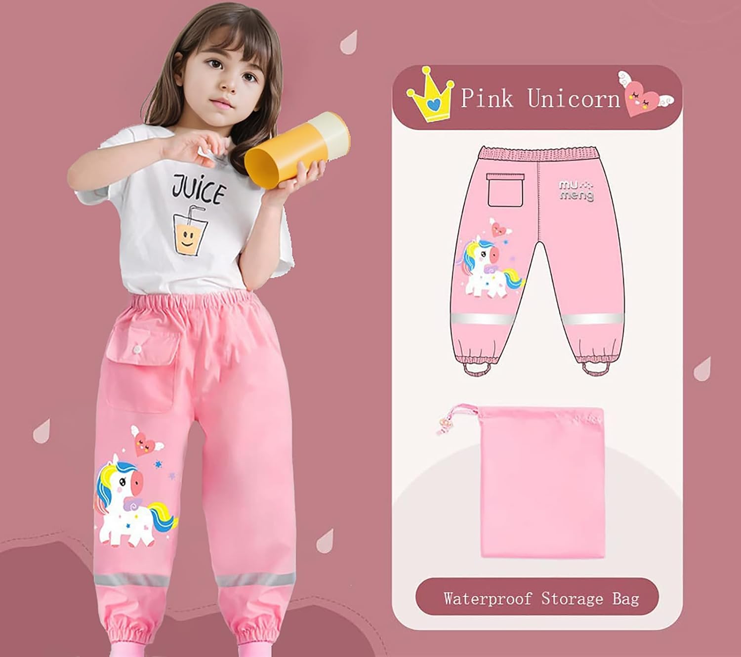Toddlers Boys Girl Rain Pants Waterproof Dirty Proof Trousers Kids Rain Poncho Hood Rainwear Jacket Coat 1-12Years