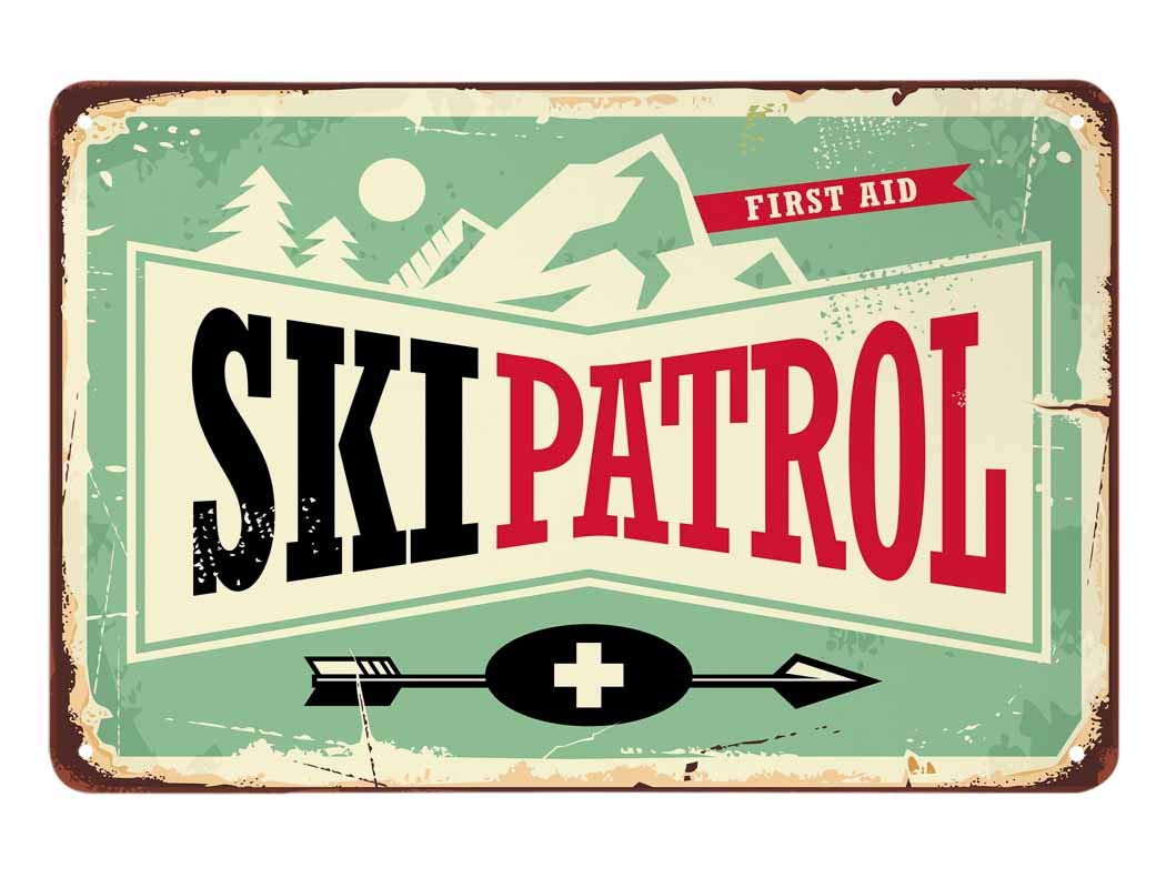 SMAZDFXX Ski Patrol Tin Sign,Mountain Tree Sun Arrow Adventure First Aid Vintage Metal Tin Signs for Cafes Bars Pubs Shop Wall Decorative Funny Retro Signs for Men Women 8"x12"