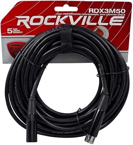 Rockville RDX3M50 Cable de iluminación DMX de 50 pies y 3 pines 100% cobre OFC, hembra a macho XLR, chaqueta de PVC duradera, baja pérdida de señal,