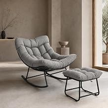 Outdoor Papasan Rocking Chair with Ottoman, Oversized Egg Lounge Rocker, 350 LBS Capacity, UV-Resistant Cushion, Anti-Tip Powder-Coated Metal Frame for Patio, Porch, Balcony, Bedroom, White
