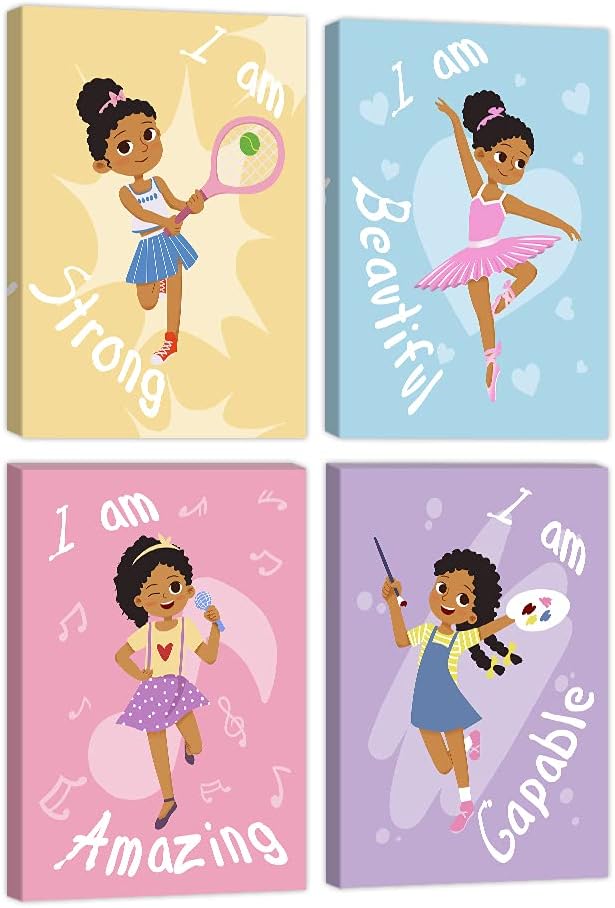 Girls Room Decor Wall Art Motivational Black Girls Room Canvas Prints Set of 4 African Wall Decor Inspirational Words Gift Idea for Little Girls African American Artwork Framed Ready to Hang 8x12