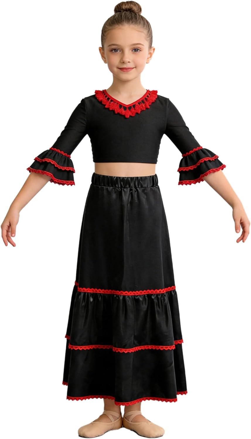 Kids Girls 2 Piece Spanish Flamenco Outfit Tassel Crop Top Ruffle Mexican Folklorico Bull Dance Skirt Black 16 Years