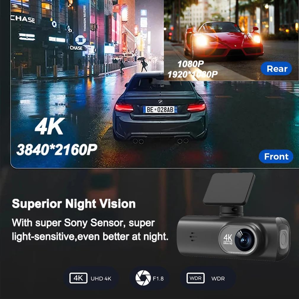 Split image showing 4K front camera view and 1080P rear camera view from a dash cam.