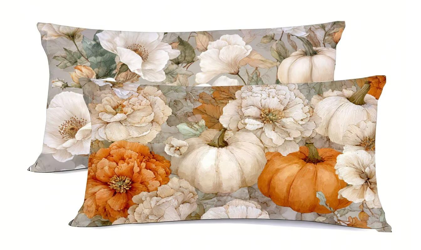 Taie d'oreiller fleurs et citrouille en lin pour décoration printemps de salon