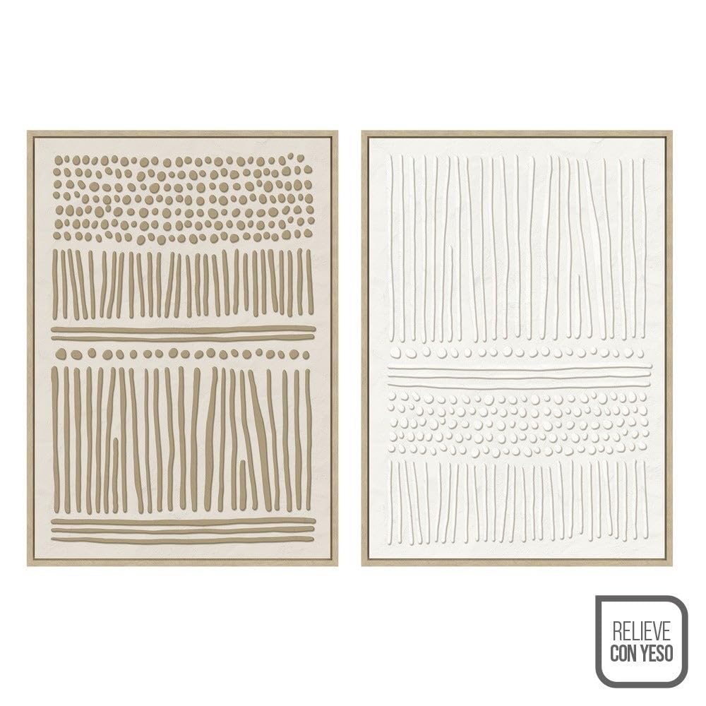 CASASELECCION Set de 2 cuadros decorativos de lienzo con marco. Con dibujo abstracto en color beige. Medidas: 50x70 cm.