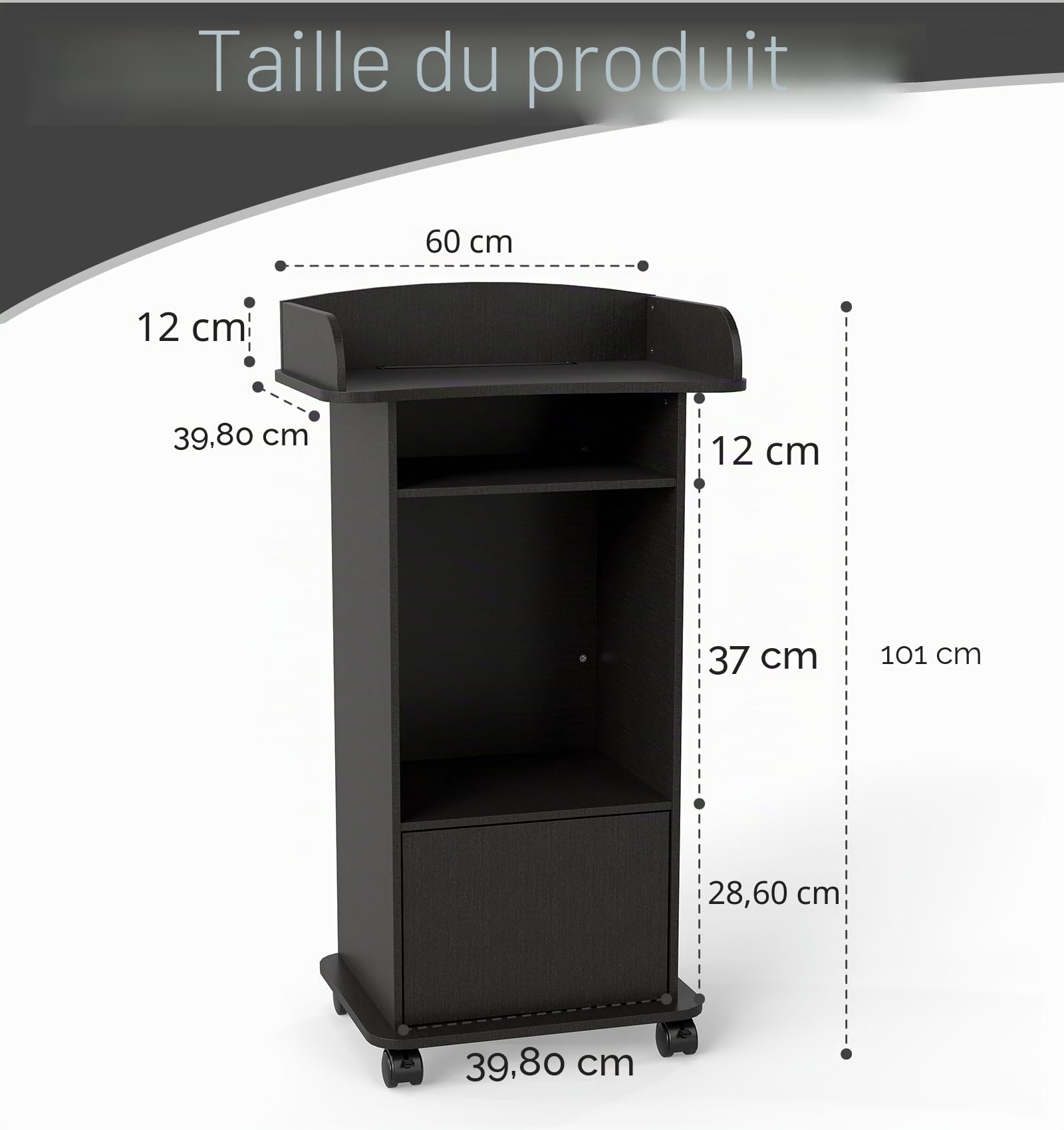Lutrin / pupitre debout avec tiroir à deux couches et roue de freinage pour salle de classe, amphithéâtre, église, séminaire Noir