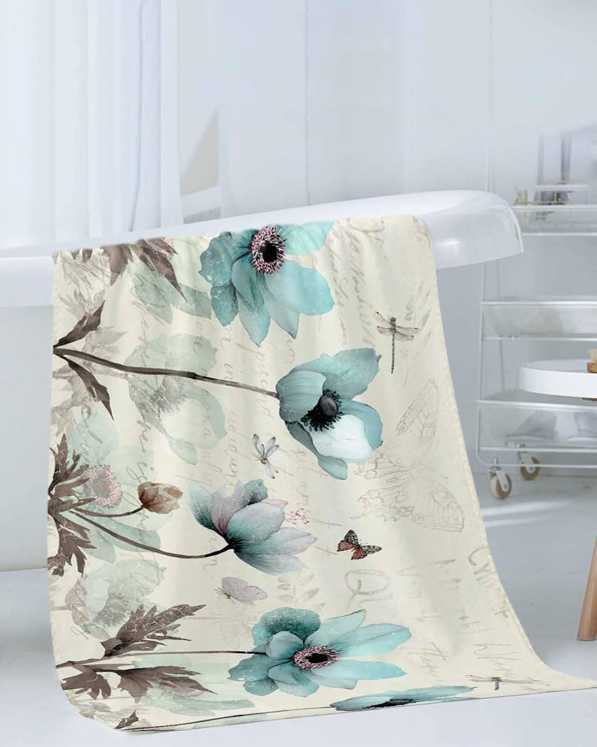 Teal Tulip Soft Absorbent Microfiber Bath Towels - Spring Floral Botanical Luxury Set for Bathroom & Kitchen - 1 Bath, 1 Hand, 1 Washcloth