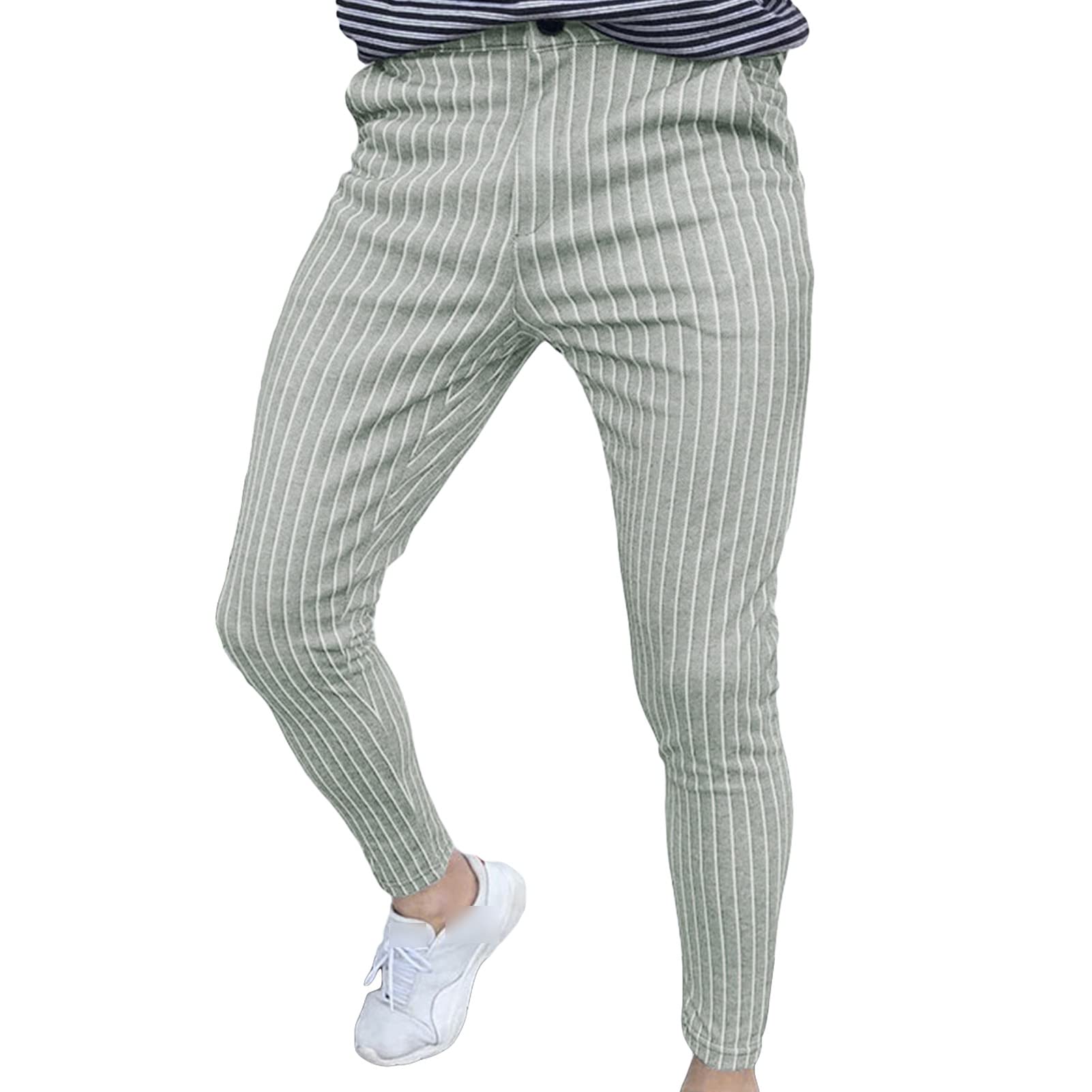 Maiyifu-GJ Mens Business Striped Dress Pants Pinstripe Flat Front Stretch Trousers Casual Slim Fit Skinny Formal Pant