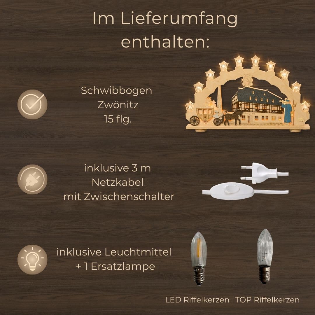 weigla - Schwibbogen original Erzgebirge I Motiv Zwönitz I LED Lichterbogen Weihnachten I 15 Lampenkerzen + 1 Ersatzlampe I 15 x 16 V, 0,2 W, E10 I beleuchtete Weihnachtsdeko innen I aus Holz