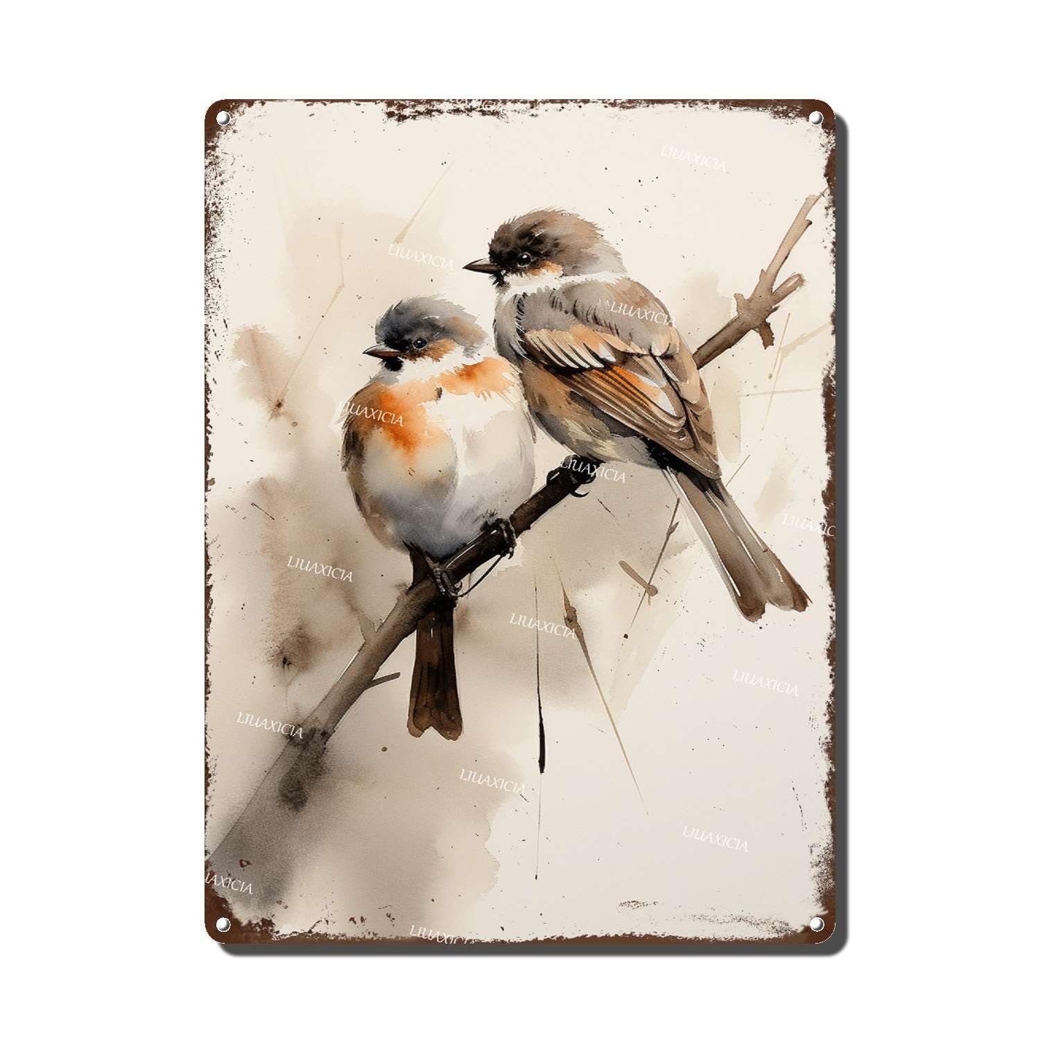 peiyeety Metal Tin Sign Watercolor Two Birds On Branch Vintage Decorative Wall Art,Retro Nature Rustic Plaque for Home Living Room Bedroom Kitchen,12x16 Inch