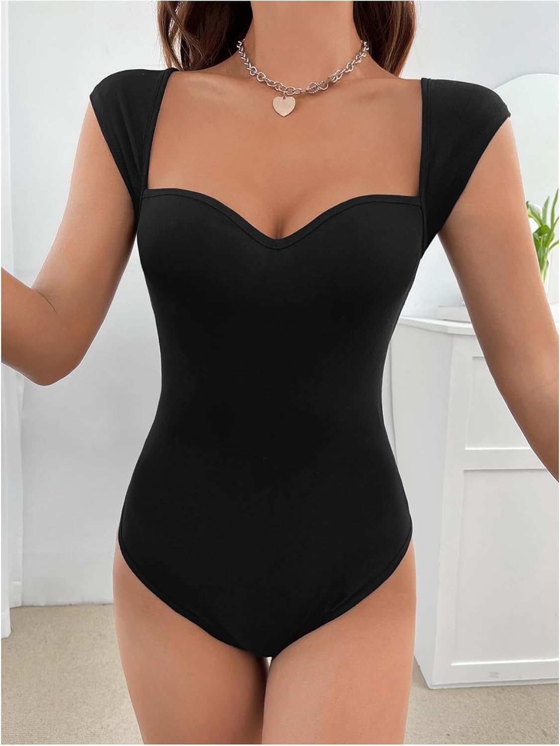 SweatyRocks Women's Sweetheart Neck Fitted Bodysuit Cap Sleeve Casual Summer Leotards - Image 3