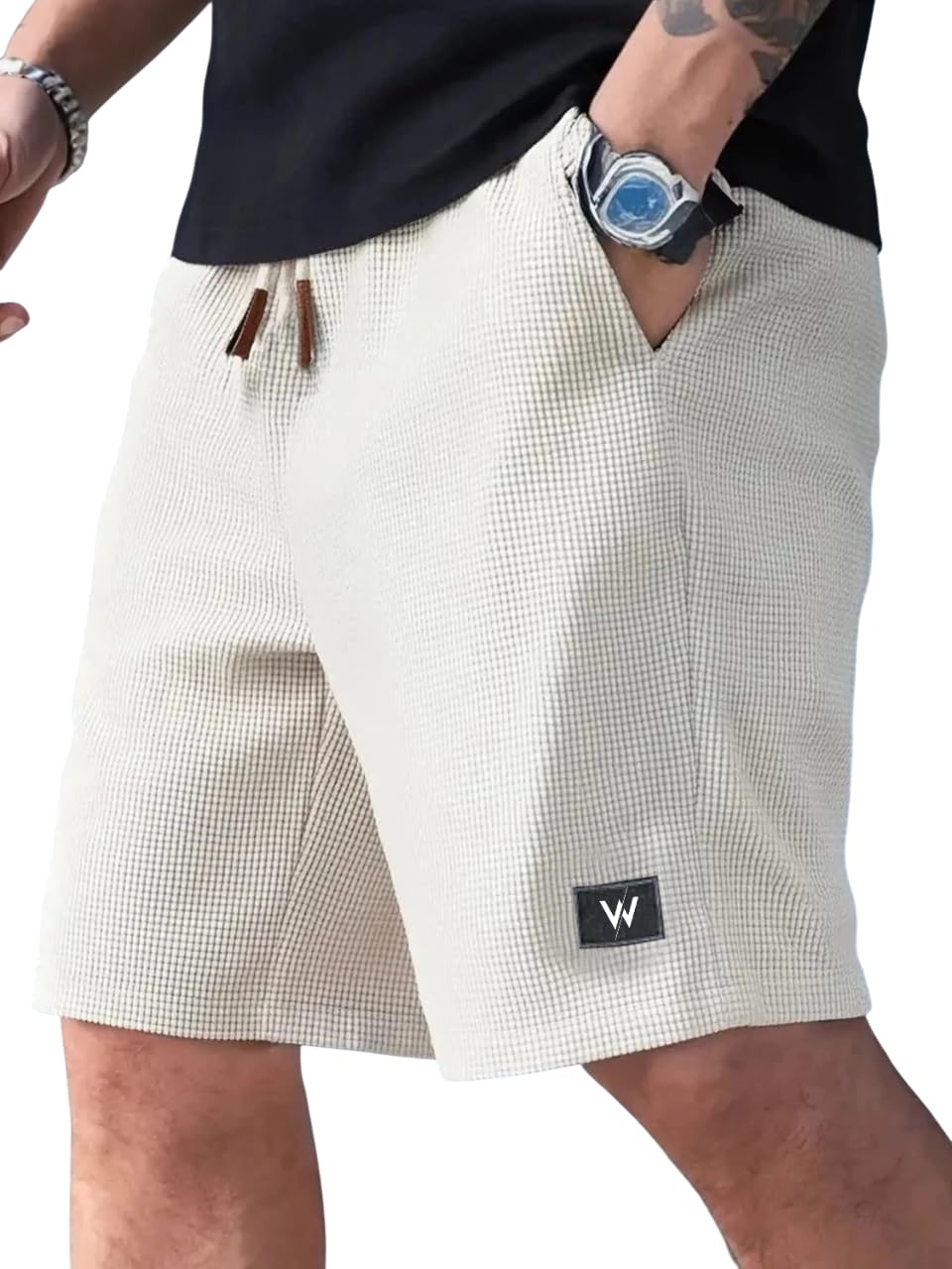 Men's Sports Shorts, Lycra Blend, Mid Rise, Regular Fit, Knee Length with Drawstring, Side Zipper Pockets, Black, Summer Casual Wear-image-16
