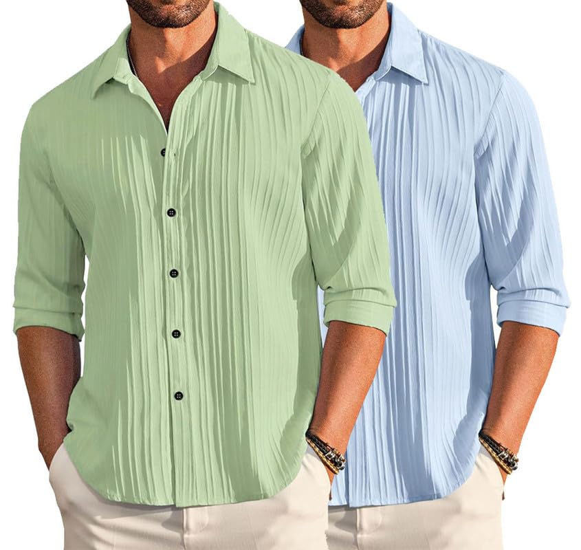 Image of DEELMO Combo of Men's Casual Button Down Shirts Long Sleeve Linen Shirt Fashion Textured Summer Shirts Pack of 2
