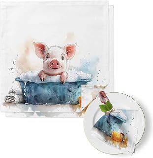 Pig Bathing in The Bathtub Cloth Napkins Set of 2 Abstract Animal Soft Washable Square Dinner Napkins for Party Wedding Restaurant Hotel Cocktail 20x20 Inch
