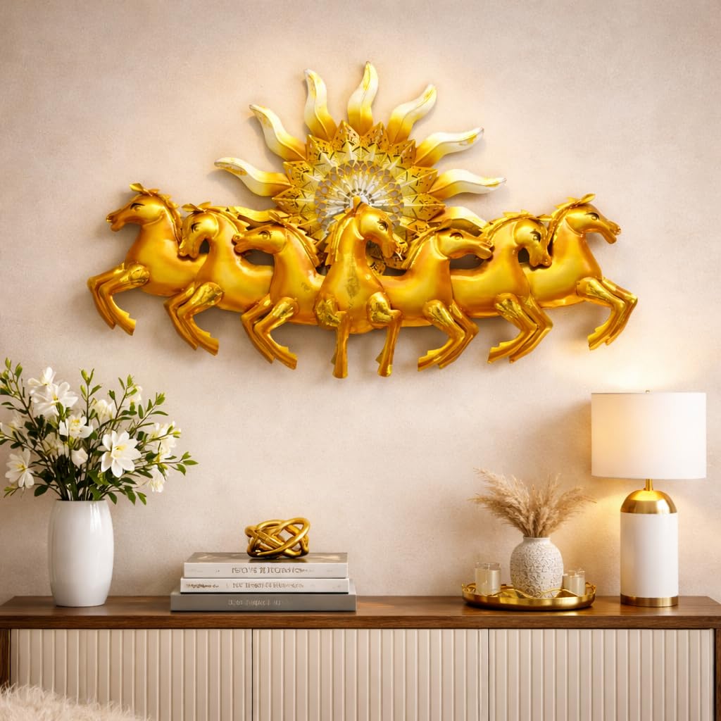 ZXC Golden 7 Running Horses Wall Decor with LED Light, Vastu